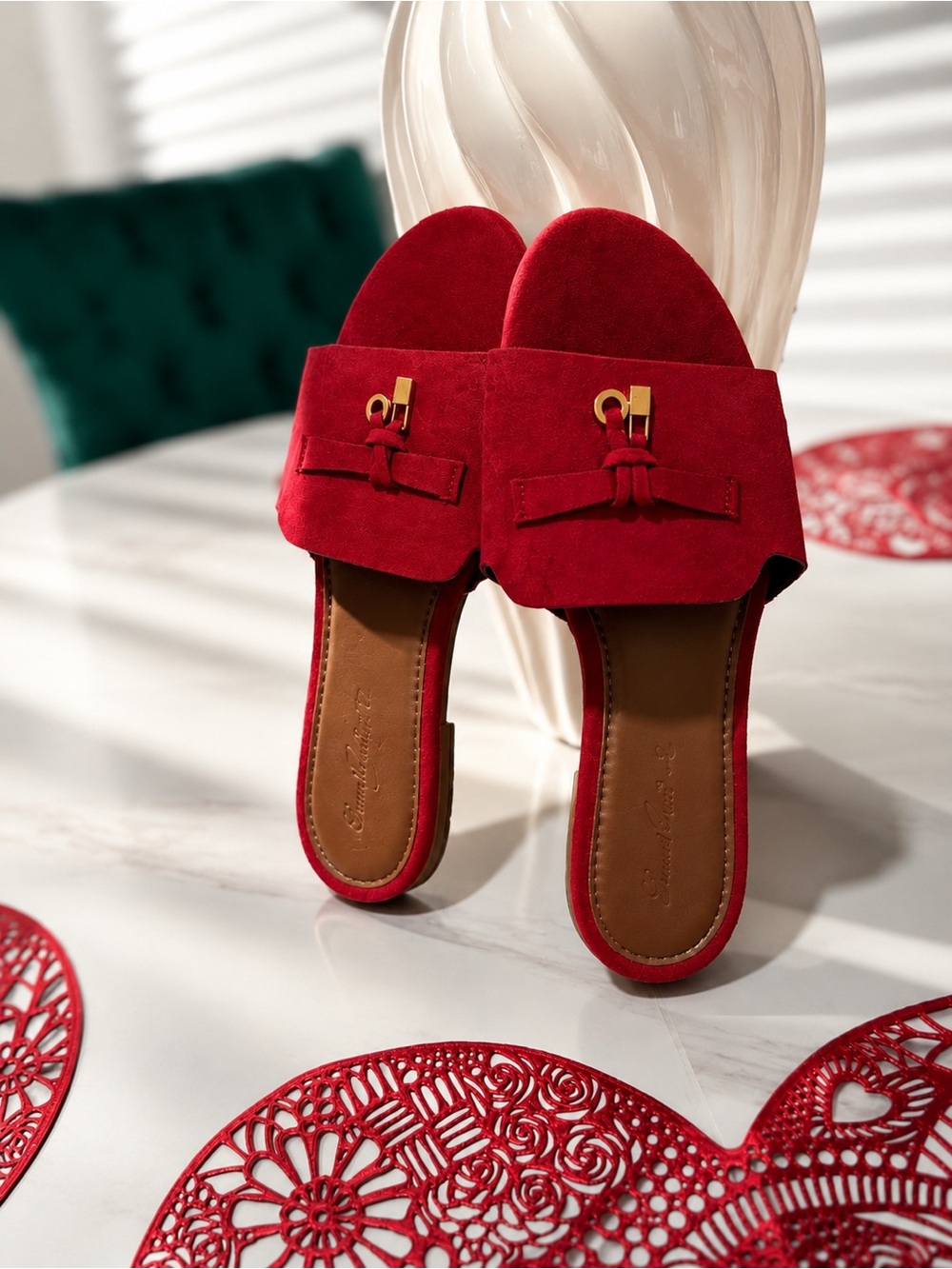 Red Suede Slide Sandals with Gold Accent
